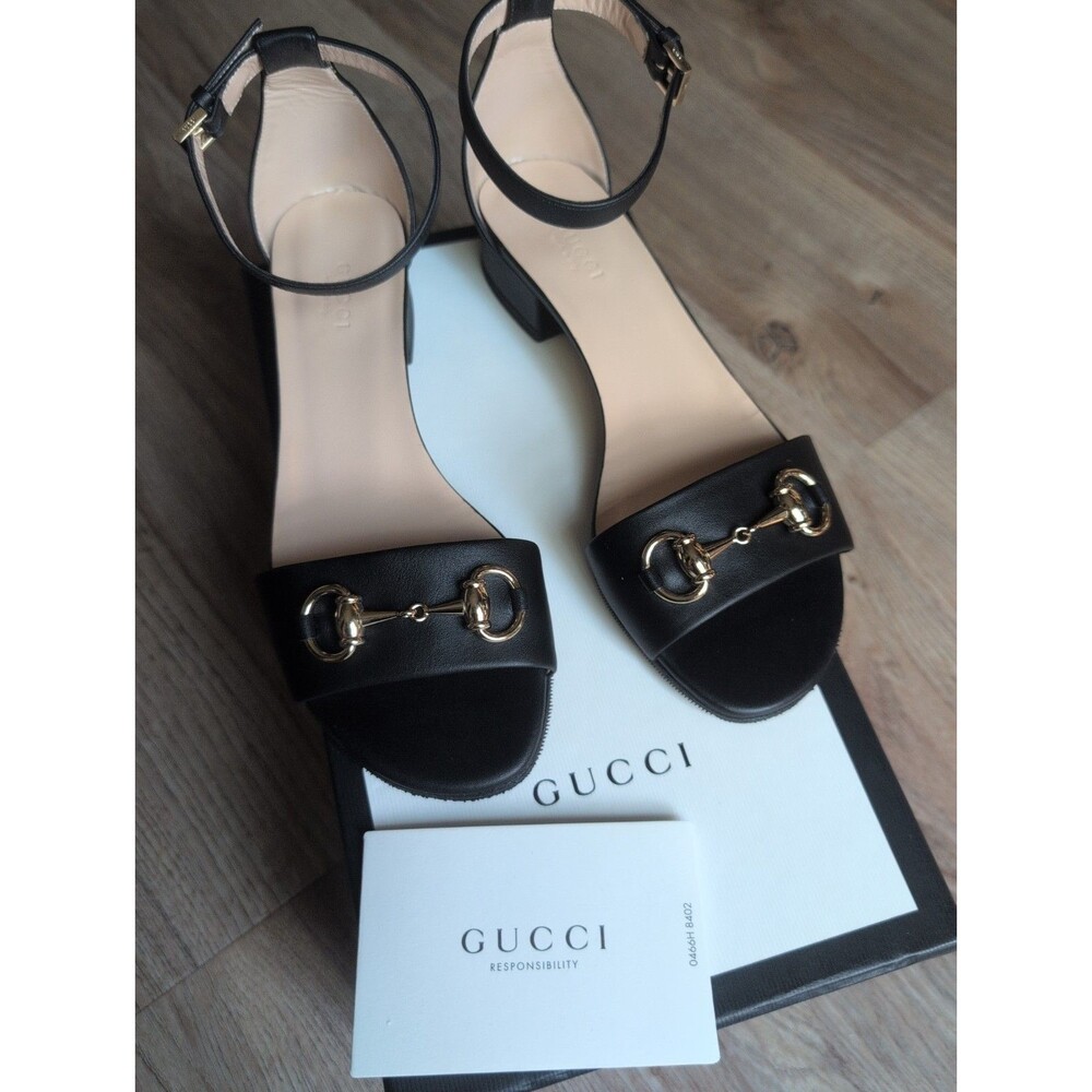 Gucci Horsebit Low Block Heel Black Leather Sandals